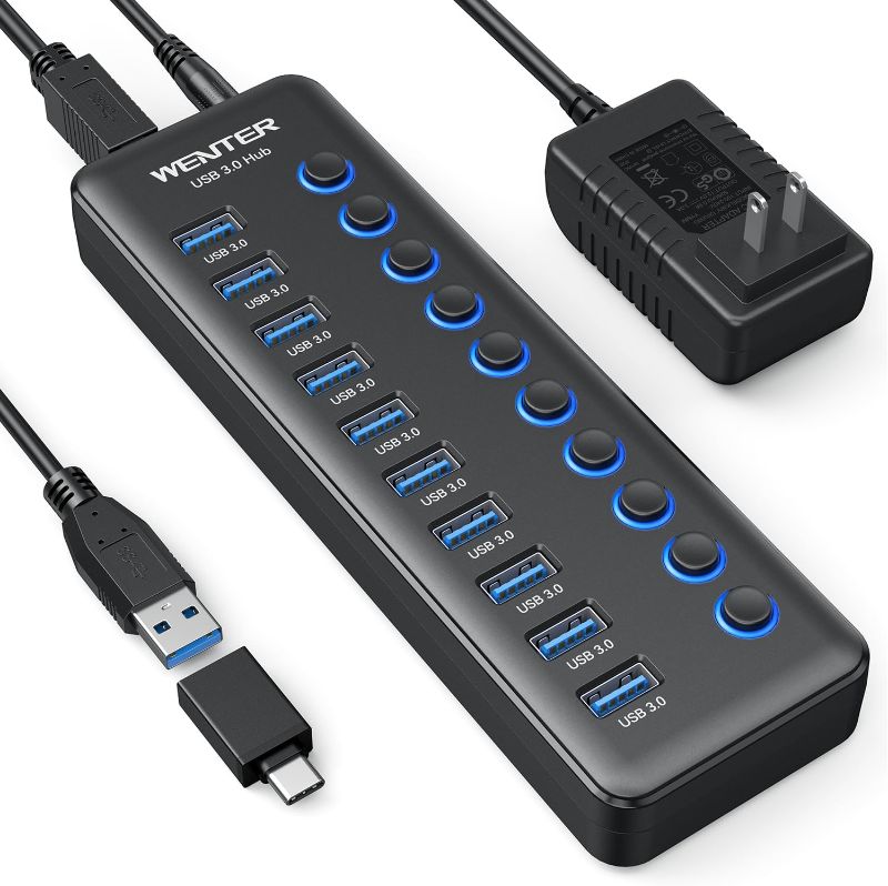 Photo 1 of USB Hub Powered, Wenter 10 Ports Powered USB Hub 3.0 Splitter with Individual LED On/Off Switches and USB A-C Adapter, 12V/3A Power Adapter, 3.0 Powered USB Hub for PC, Laptop
