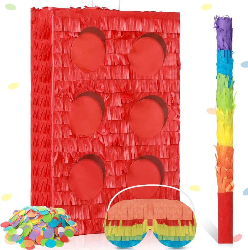 Photo 1 of Building Blocks Pinata Bundle Fiesta Pinata Set Include Bricks Pinata, Bat Stick, Blindfold Mask and Confetti for Kids Blocks Theme Birthday Mexican Cinco De Mayo Party Pinata Game Supplies (Red)
