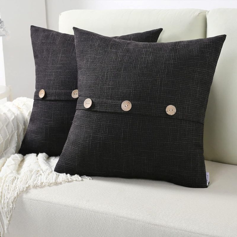 Photo 1 of Black Linen Decorative Throw Pillow Covers 22x22 Inch Set of 2, Square Cushion Case with Vintage Button/Zipper,Modern Farmhouse Home Decor for Couch,Bed