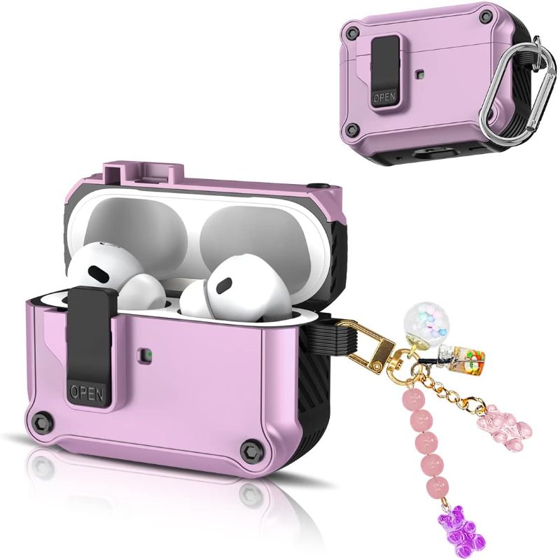 Photo 1 of [5 in 1] Case for Airpods Pro 2nd Generation with Lock, PC+Silicone Air pods Pro 2 Case for Women, Shockproof Protective Case Cover Compatible for Airpods Pro 2 with Fashion Candy Keychain(Purple)