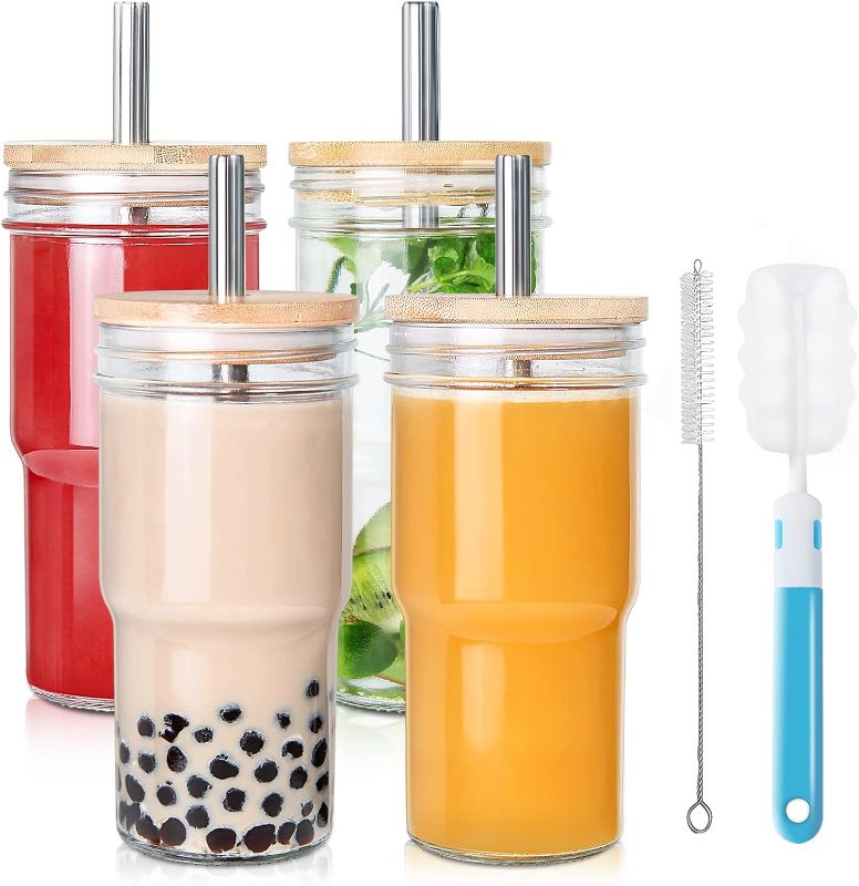 Photo 1 of 4 Pack Glass Cups with Bamboo Lids and Straws, 22 Oz Iced Coffee Cups Wide Mouth Smoothie Cup Reusable Cups, Glass Tumbler with Straw and Lid, Bubble Tea Cups for Pearl Tea, Juice- 2 Cleaning Brush