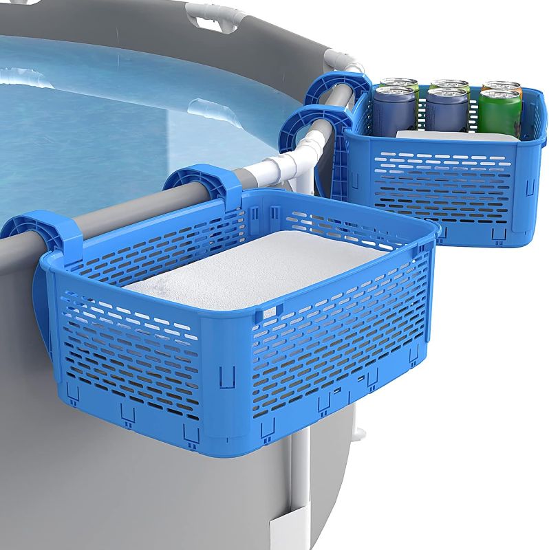 Photo 1 of 2 Pack Poolside Storage Basket, Thickened Pool Basket with Bearing Up to 30Lbs, Above Ground Pool Accessories, Fits Steel Round or Oval Frame Above Pools with 2.3 Inch or Less Top Rail, Blue