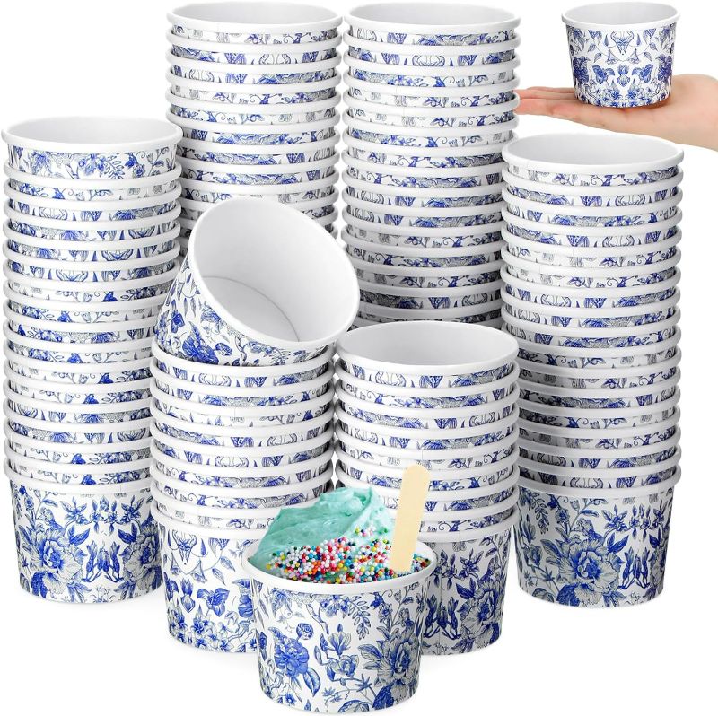 Photo 1 of 100 Pack 10 oz Wedding Blue White Ice Cream Cups Set with Wood Spoons Paper Disposable Soup Bowls Ice Cream Bar Supplies Containers for Soup Dessert Sundae Baby Shower Birthday Holiday