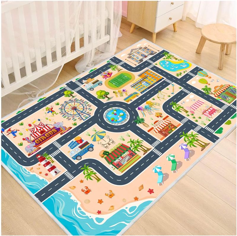 Photo 1 of Kids Carpet Playmat Car Rug, Car Rug for Kids Toy Cars, Non Slip Play Mat for Playroom Bedroom Kids Room, City Life Educational Road Traffic Carpet for Classroom Nursery(Yellow,47×71in)
