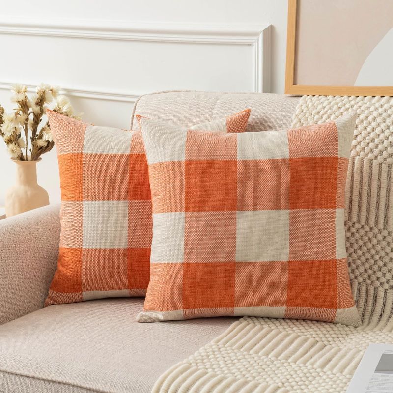 Photo 1 of Classic Plaid Pillow Covers Pack of 2 Retro Checked Linen Farmhouse Accent Decorative Pillow Cushion Covers for Sofa Couch Bed Holiday 26x26 Inch, Orange White