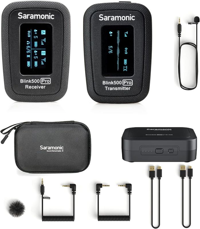 Photo 1 of Saramonic Blink500 Pro B1 Mini Dual-Channel Stereo Wireless Microphone with Charging Case, OLED Display& 3.5mm Headphone Output for DSLR, Mirrorless and Video Cameras, Smartphones, Tablets, Computers