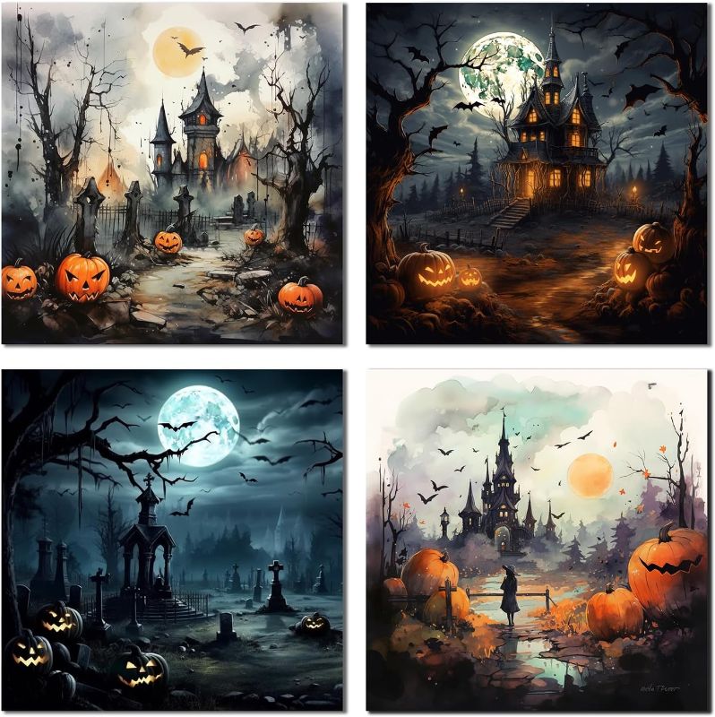Photo 1 of Halloween Decor Canvas Wall Art - 4 Pieces Spooky Castle and Graveyard At Flying Bat Moon Night Halloween Pumpkin Witch Wall Pcitures Decoration for All Saints' Day Party Home 12x12 inches Unframe