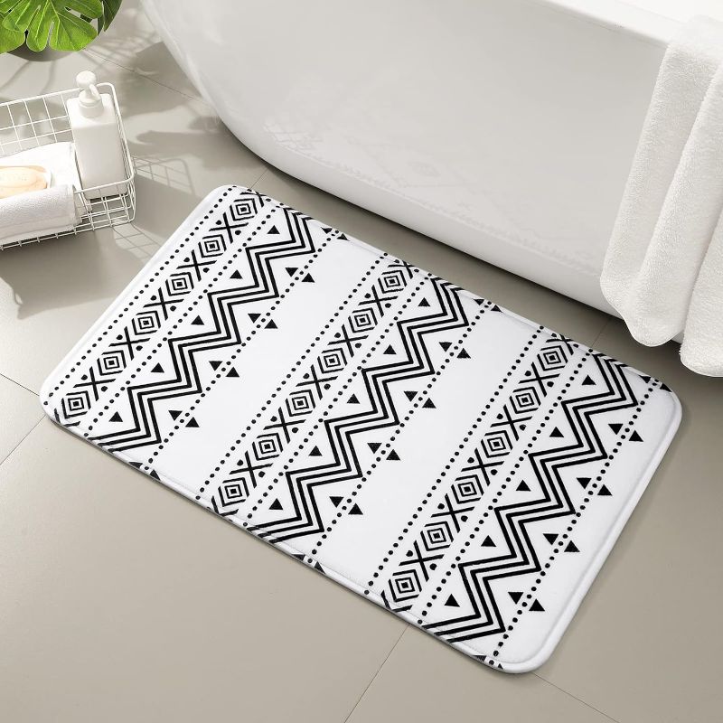 Photo 1 of  Black and White Printed Bathroom Rug, Non Slip Farmhouse Bath Mat, Absorbent Washable Microfiber Rug (Greometric Wave 20x32)