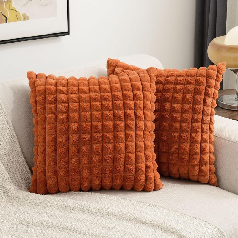Photo 1 of Burnt Orange Decorative Throw Pillow Covers 22x22 Inch Set of 2,Square Cushion Case,Fluffy Faux Rabbit Fur Plaid & Soft Velvet Back,Modern Home Decor for Couch Bed