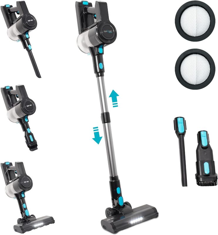 Photo 1 of EyeVac Reach 6-in-1 Cordless Stick Vacuum | Lightweight Powerful Suction for Hard Floors & Rugs | 35 min Runtime, Rechargeable, LED Lights, Brushless Motor, Great for Pet Hair (Black w/Turquoise)