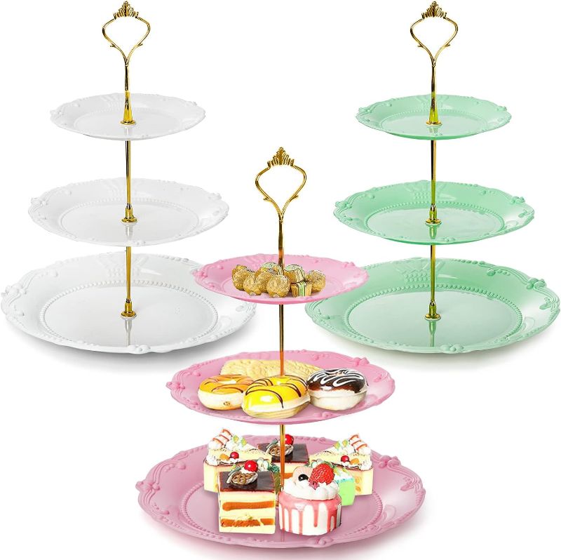 Photo 1 of Fasmov 3 Pack 3 Tier Plastic Cupcake Stand, Dessert Plates Cake Fruit Candy Display Tower Reusable Pastry Platter for Wedding Birthday Baby Shower Tea Party Decorations - White, Pink Green

