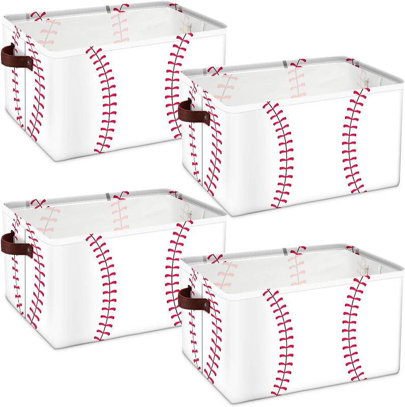Photo 1 of 4 Pcs Sports Ball Storage Basket Bin Fabric Toys Storage Cube with Handles Collapsible Closet Shelf Cloth Organizer Basket for Nursery Kids Boys Bedroom (Baseball)