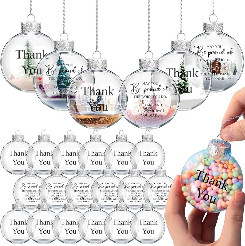 Photo 1 of 24 Pcs Appreciation Clear Christmas Ornament Balls 2.64 inch Transparent Plastic Fillable Hanging Ornaments Balls for Christmas Tree Home Decor (Clear,Thank You)