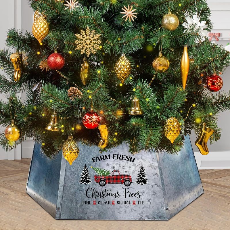 Photo 1 of cocomong Metal Christmas Tree Collar,Christmas Tree Ring 21 Inch Diameter Base, Galvanized Tree Collar for Christmas Tree Decor, Christmas Tree Collars for Artificial Trees (Silver) 16.5*20.5*9