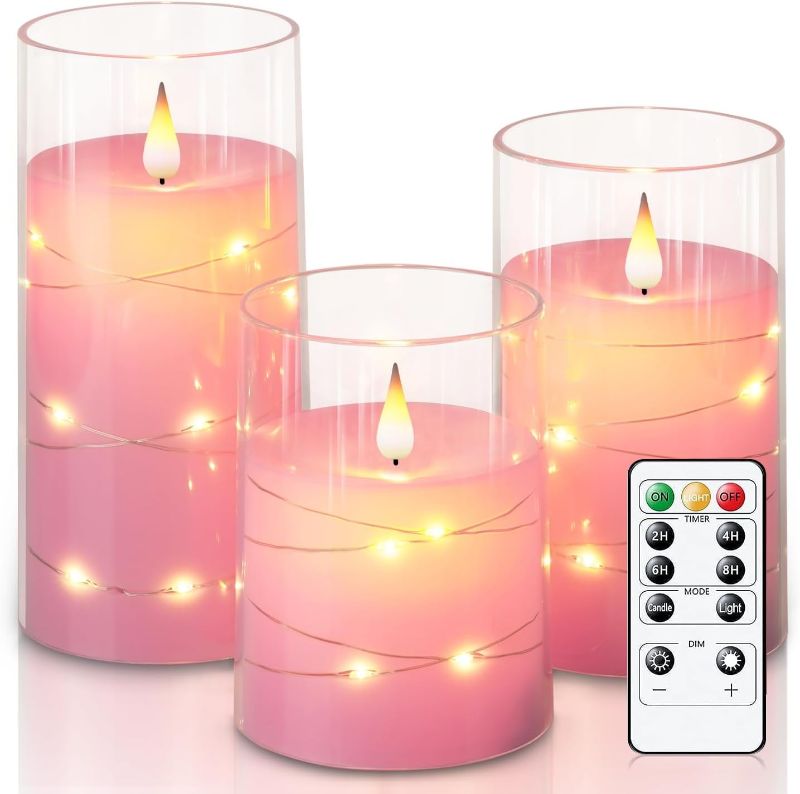 Photo 1 of Homemory Flickering Flameless Candles with String Lights, Battery Operated Candles, Embedded String Lights LED Candles, Unbreakable Plexiglass Candles with Remote, Set of 3, Pink