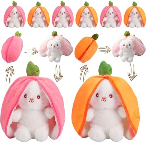 Photo 1 of Liliful 6 Pcs Bunny Stuffed Animal Strawberry Bunny and Carrot Transformed Rabbit Plush Zipper Reversible Plush Cute Soft 7 Inches Pillow for Kids Easter Girlfriend Gifts