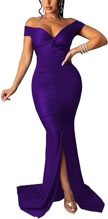 Photo 1 of BessCops Women's Sexy Off Shoulder Dress V Neck High Split Long Formal Party Maxi Floor Dresses Evening Gown Purple Medium