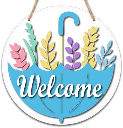 Photo 1 of Spring Welcome Sign for Front Door Decor - 10" Floral Umbrella Wall Hanging Plaque - Flower Wall Pediments for Spring Easter Party Outdoor Indoor Front Door Decor - Blue Umbrella 