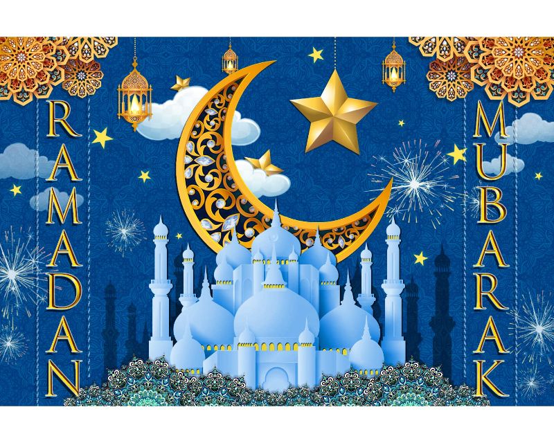 Photo 1 of Ramadan Backdrop,7x5Ft Ramadan Mubarak Sign Backdrop for Muslim, Ramadan Mubarak Decorations for Home,Ramadan Decorations for Wall Background 7x5Ft blue