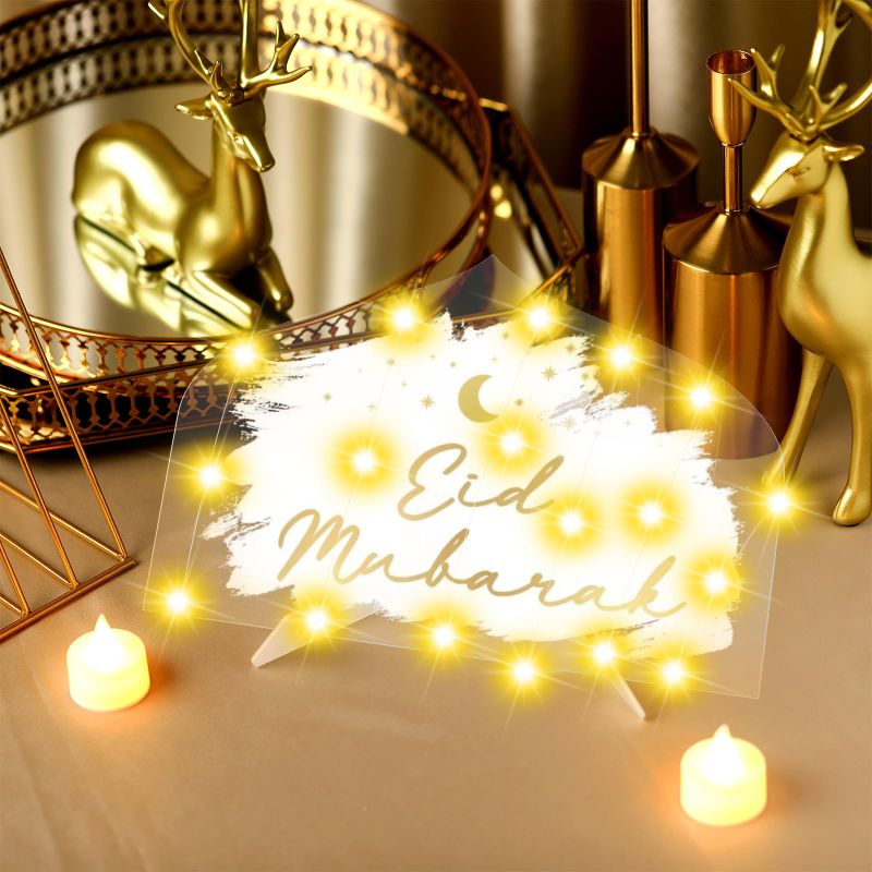 Photo 1 of 3 Set Ramadan Eid Mubarak Table Decor Ramadan Table Centerpieces Acrylic Eid Al Adha Table Sign Moon Star Ornament with LED Candle String Light for Islamic Party, 11.4 x 7.5 Inch(Classic)