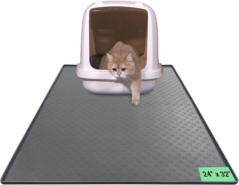 Photo 1 of Silicone Cat Litter Mat, Silicone Litter Box Mat, Durable Litter Trapping Rug, Scatter Control, Waterproof Feeding Mat for Prevent Food and Water Overflow (Grey, 24''x32'')
