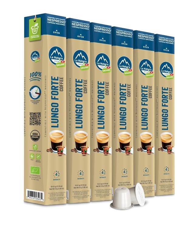 Photo 1 of La Natura Organic Lungo Forte Coffee Pods - Medium Roast Arabica Coffee Capsules for Nespresso Original Line Machines - Compostable Capsules, Aluminum-Free - Single-Serve Pods (60 Count) Lungo Forte 1 Count (Pack of 60)