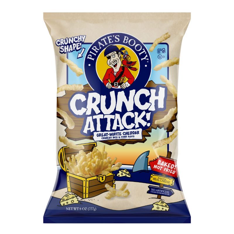 Photo 1 of 2 PACK - Pirate's Booty Crunch Attack, White Cheddar Cheese Puffs, Gluten Free, Crunchy Snack for Kids, 8oz Grocery Size Bag 8 Ounce
