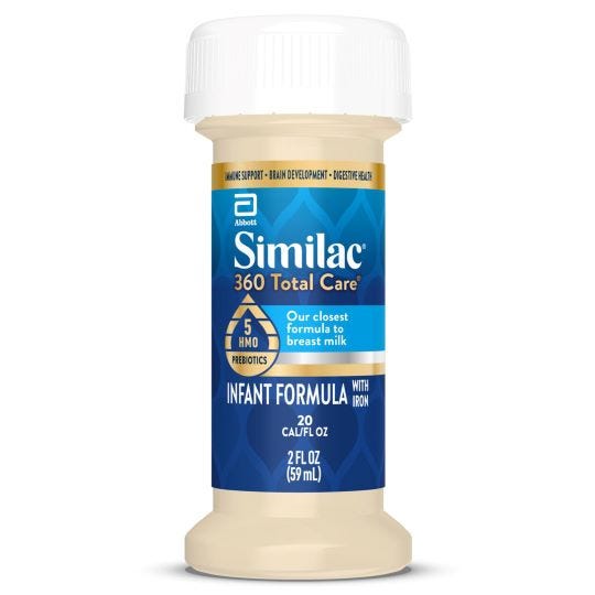 Photo 1 of Similac® 360 Total Care®* Infant Formula, has 5 HMO Prebiotics, Our Closest Formula to Breast Milk, Non-GMO, Baby Formula, Ready-to-Feed, 2-fl-oz Bottle (Case of 48)
