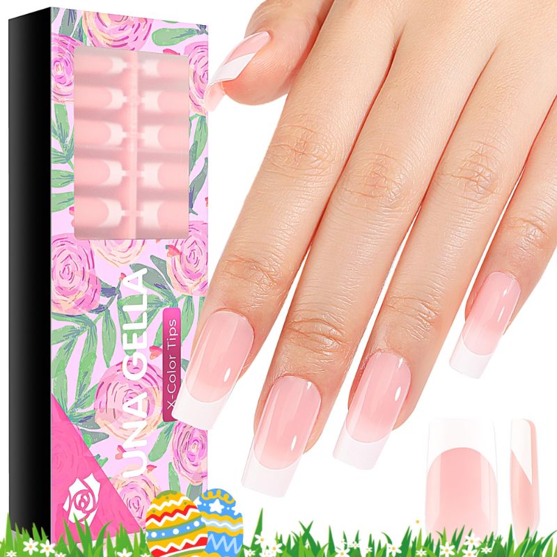 Photo 1 of UNA GELLA French Tips Press On Nails 288PCS French Gel Nail Tips Long Square Pink No Need File French Fake Nails 3 IN 1 X-Color Tips Glue On Nails Long Lasting for Nail Art Extensions 12 Sizes P-L-Square