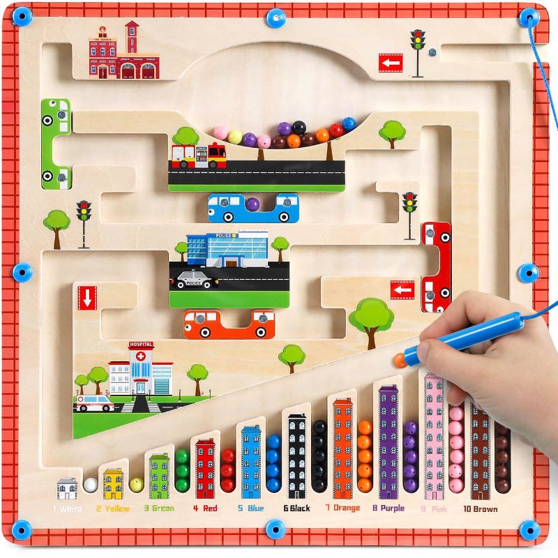 Photo 1 of Magnetic Color and Number Maze - Montessori Toys for 3+ Years Old Boys and Girls - Wooden Color Sorting Learning Counting Puzzle Board - Preschool Fine Motor Skills Toys for Toddlers 3 4 5 Years Old Multicolored