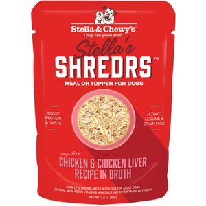 Photo 1 of Stella & Chewy's Stella’s Shredrs Cage Free Chicken & Chicken Liver Recipe in Broth, 2.8 oz. Pouches (Pack of 24)
