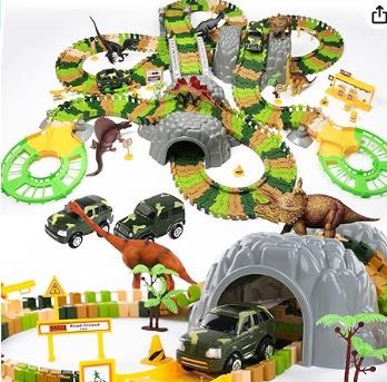 Photo 1 of TEMI Dinosaur Train Toys for Kids, Longer Track, 6 Realistic Jurassic Dino Figures, 2 Electric Toy Car, Twisted Flexible Train Track Set for Toddlers, Boys & Girls 3 4 5 6 7 Years dinosaurs+tracks+cars