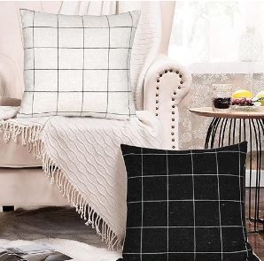 Photo 1 of Basic Model Set of 2 Plaid Throw Pillow Covers Two-Sided Modern Farmhouse Decorative Square Linen Pillow Case for Sofa Couch Bed 18 x 18 Inch, Black & Beige 