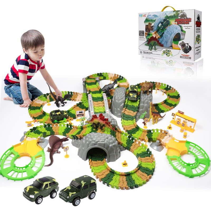 Photo 1 of TEMI Dinosaur Train Toys for Kids, Longer Track, 6 Realistic Jurassic Dino Figures, 2 Electric Toy Car, Twisted Flexible Train Track Set for Toddlers, Boys & Girls 3 4 5 6 7 Years dinosaurs+tracks+cars