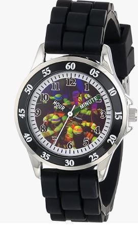 Photo 1 of Ninja Turtles Kids' Analog Watch with Silver-Tone Casing, Black Bezel, Black Strap - Official TMNT Characters on The Dial, Time-Teacher Watch, Safe for Children - Model: