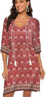 Photo 1 of Halife Women's Vintage Ethnic Style Printed Tassel Tie Neck Loose Fit Bohemian Tunic Dress L