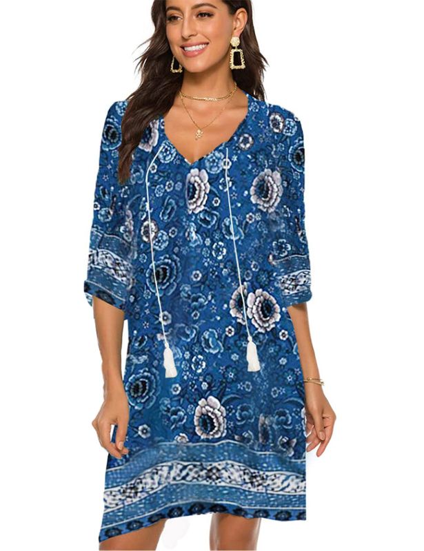 Photo 1 of Halife Women's Vintage Ethnic Style Printed Tassel Tie Neck Loose Fit Bohemian Tunic Dress XX-Large Dark Blue