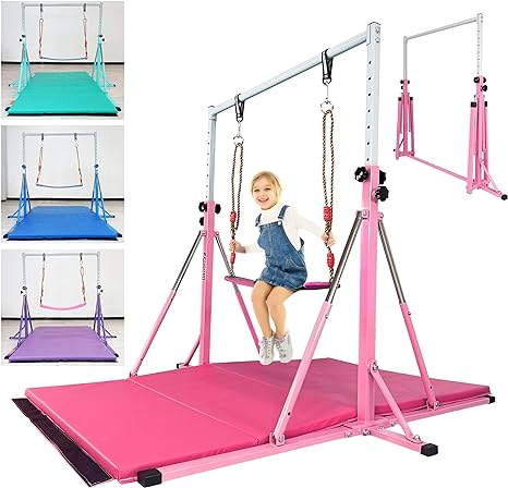 Photo 1 of Gymnastics Bar for Kids Ages 3-12,Gymnastic kip bar, Height 3' to 5', Gym Equipment for Home,Gymnastics Rings & Swing & Mat,Foldable in Seconds-Weight Capacity 250 LBS Blue Foldable with swing