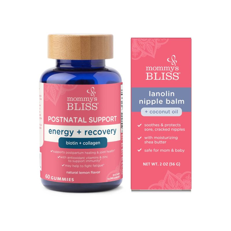 Photo 1 of Mommy's Bliss Energy + Recovery Gummies for Postpartum Healing & Joint Health, 60 Ct (Pack of 1), with Soothing Lanolin Nipple Balm Breastfeeding Cream for Sore, Cracked Nipples, 2 Oz (Pack of 1) Postnatal Energy, Recovery, and Sore Nipple Support
