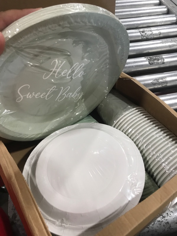 Photo 2 of 194 Pcs Hello Sweet Sage Green Baby Shower Party Supplies Include 48 Disposable Paper Plate 7 Inch 9 Inch 24 Paper Cups 9 oz 72 Forks Knives Spoons 50 Sage Green Napkin, Serves 24