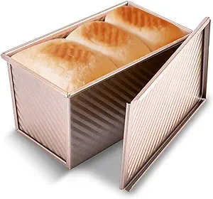 Photo 1 of Limited-time deal: KITESSENSU Pullman Loaf Pan with Lid, 1 lb Dough Capacity Non-Stick Bakeware for Baking Bread, Carbon Steel Corrugated Bread Toast Box Mold with Cover for Baking Bread, Gold 