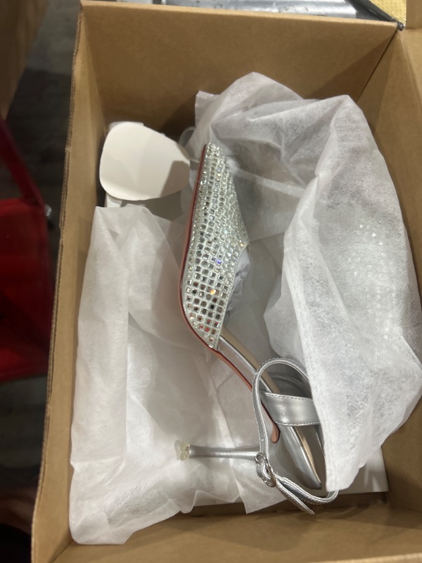 Photo 1 of Womens Stiletto Heel Pumps Rhinestone Crystal Pointed Toe Heels Slingback Ankle Strap Buckle Wedding Party Dress Wear 8 Silver