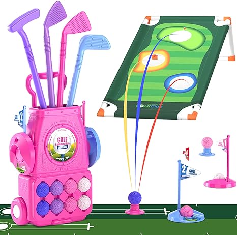 Photo 1 of QDRAGON Kids Golf Clubs, 2 in 1 Toddler Golf Set with 8 Balls/Cornhole Board & Putting Mat/Golf Cart with Wheels, Indoor Outdoor Sport Toys Gifts for Boys Girls Ages 3 4 5 6+, Pink 