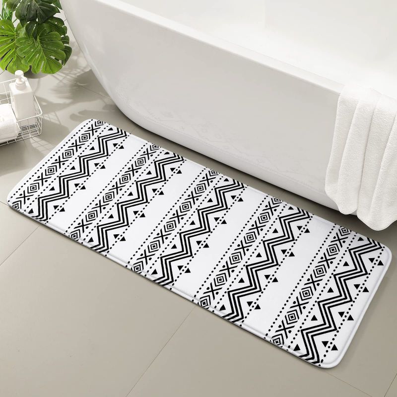Photo 1 of BYSURE Black and White Printed Runner Rugs, Non Slip Farmhouse Bath Mat, Absorbent Washable Microfiber Rug (Greometric Wave, 17x47) 17" x 47" Black and White- Wave
