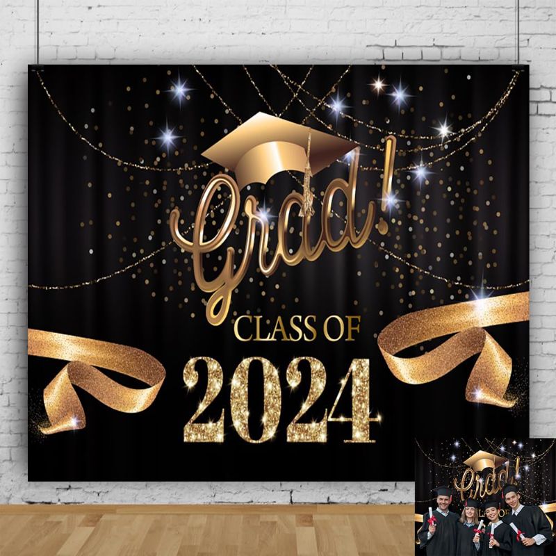Photo 1 of Class of 2024 Backdrop 10x8ft Black and Golden Graduation Photo Background for Photography Large Congratulations Graduates Party Decorations Portrait Photoshoot Photo Booth Props 03