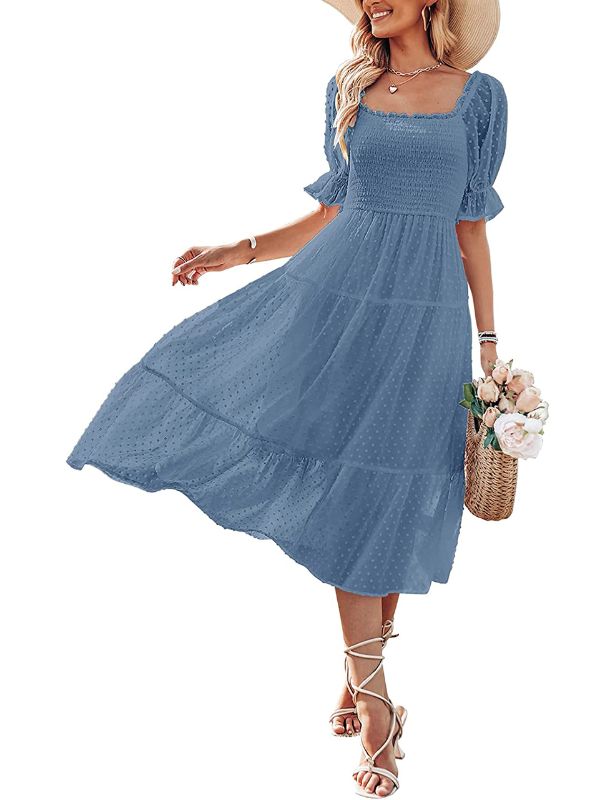 Photo 1 of SYZRI Women's Summer Square Neck Puff Sleeve Ruffle Midi Dress Boho Swiss Dot Tie Back Smocked Dress Small Dustyblue