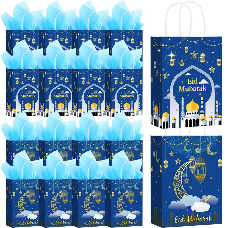 Photo 1 of 24 Pcs Eid Mubarak Gift Bags with Tissue Paper Ramadan Goodies Bags Happy Eid Gift Bags Ramadan Party Favor Bags with Handle for Eid Muslim Supplies Al Fitr Party Decoration (Blue)