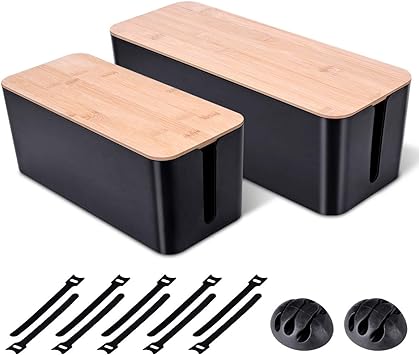 Photo 1 of 2 Pack Large Cable Management Box – Wooden Style Cord Organizer Box and Cover for TV Wires, Computer, Router, USB Hub and Under Desk Power Strip – Safe ABS Material and Baby-Pets Proof Lock (Black)
