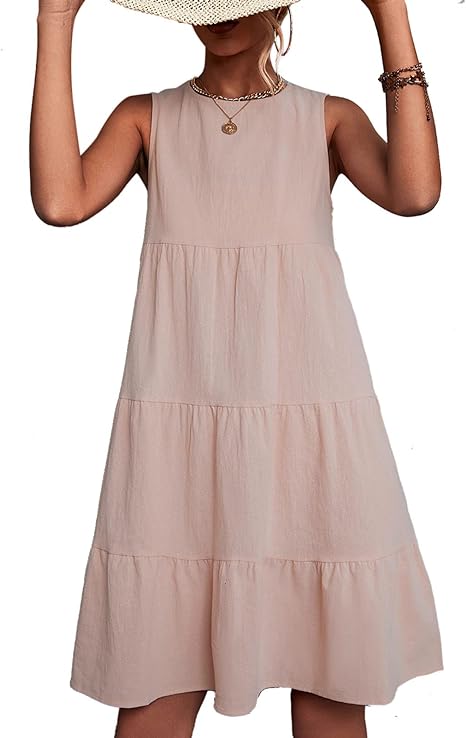 Photo 1 of Greensen Women Summer Round Neck Tiered Dress Elegant Solid Color High Waist Dress Loose Hem Sleeveless Dress Elegant Casual Soft Dress for Party Daily Life(XXL-) Pink