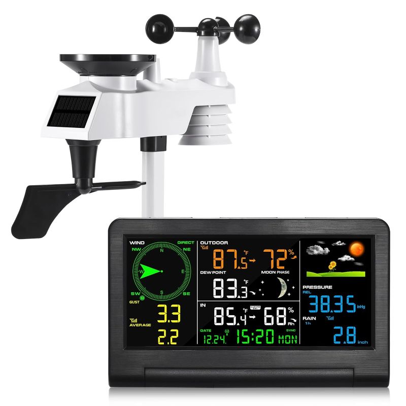 Photo 1 of Gevanti Weather Station Wireless Indoor Outdoor with 5-in-1 Sensor & LCD Display, Weather Station with Rain Gauge and Wind Speed/Direction, Moon Phase, Forcast, Temperature, Pressure, Humidity, Alarm
